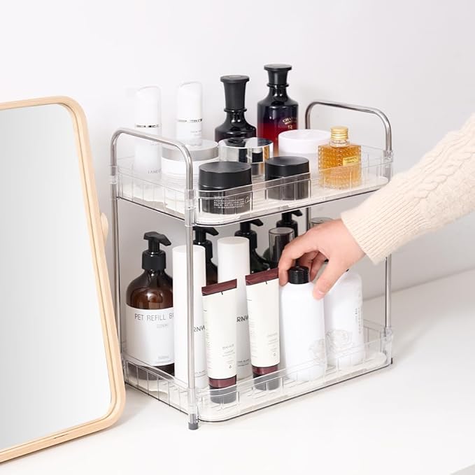 2-Tier Light Bathroom Countertop Organizers – Vanity Tray for Bathroom Organization and Decor, Detachable Makeup Storage Cabinet for Cosmetics, Skincare, and Personal Care Items