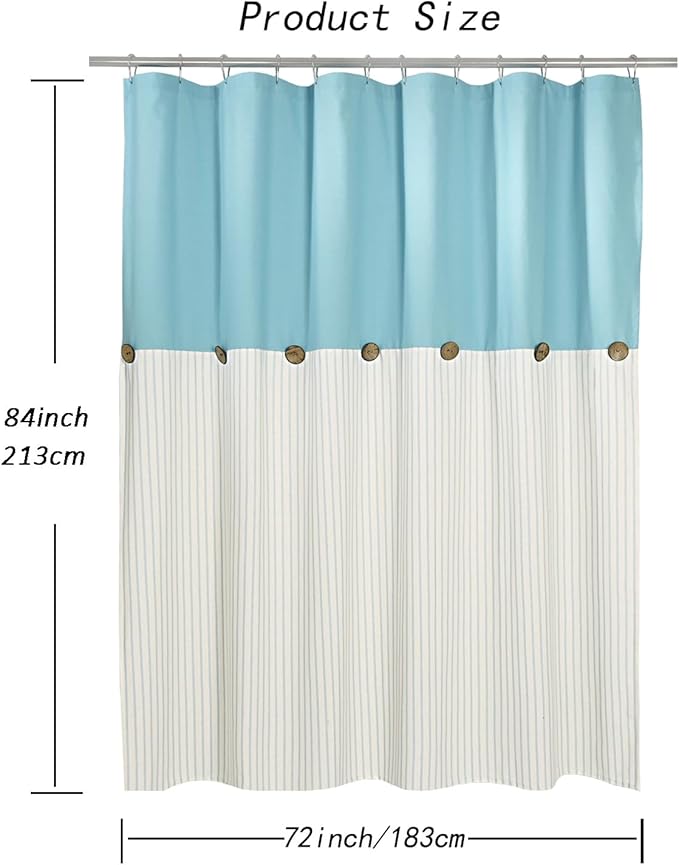 Farmhouse Teal Shower Curtain for Bathroom,Beige and Teal Stripe,Button Curtain,Cotton Blend Woven Fabric,Rustic Charm Country Chic Style,72x84 in
