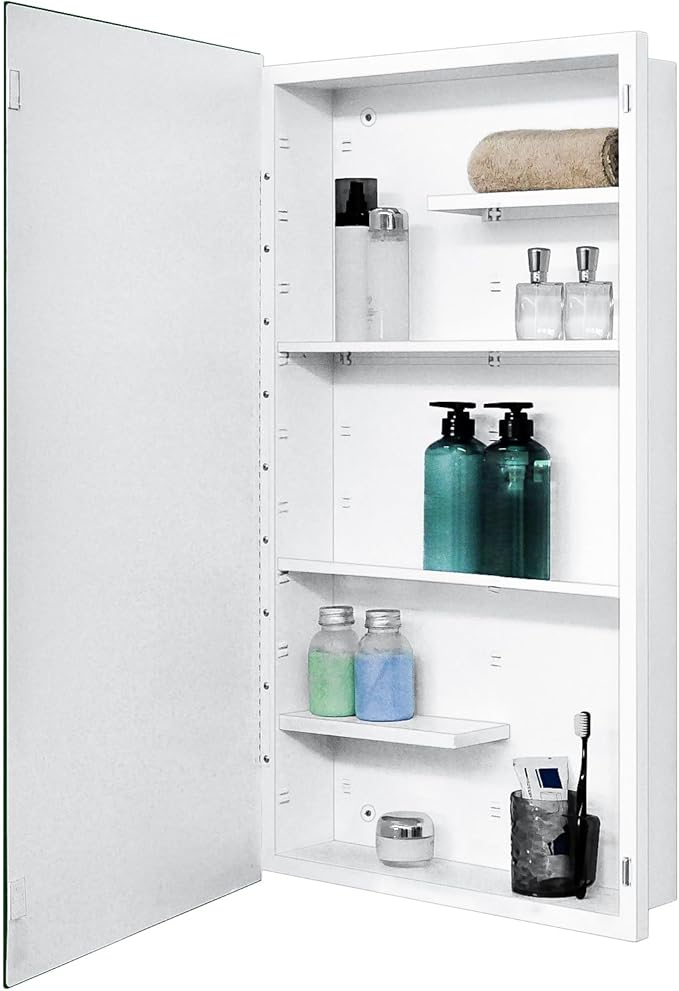 Fundin White Medicine Cabinet Recessed or Surface Mount, Bathroom Medicine Cabinet with 20 x 36 Mirror Size and Adjustable Staggered Shelves