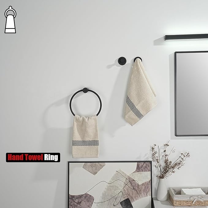 JQK Black Towel Ring, 304 Stainless Steel Matte Black Hand Towel Holder for Bathroom, Wall Mount, TR630-PB