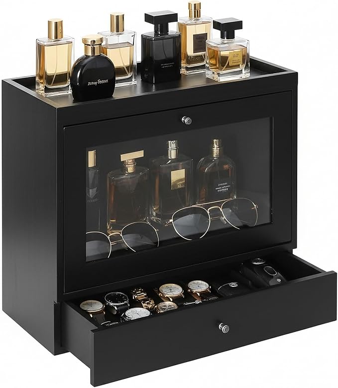 Cologne Organizer for Men,Perfume Stand Holder,Cologne Shelf, Solid Wood Cologne Stand with Drawer Storage and Clear Window,Organizador de Perfumes,Perfume Stand Organizer,Black