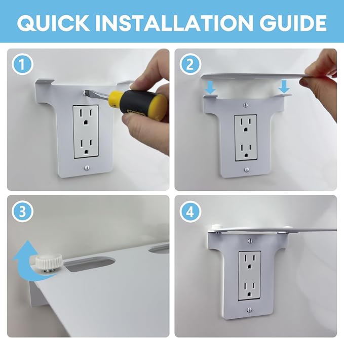 Metal Outlet Shelf Wall Holder for Decora (Standard Rectangle) Outlets - Bathroom & Kitchen Organizer with Cord Storage,Quick Install for Echo Dot Smart Home Toothbrush Holder Smart Speaker Cell Phone