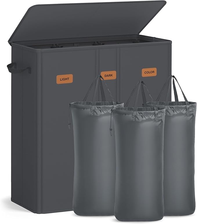 SONGMICS 47.6 Gallon (180 L) Laundry Hamper, 3-Compartment Laundry Basket Sorter with Lid, Labels, Removable Liner Bags, for Bedroom, Dark Gray URLH013G01