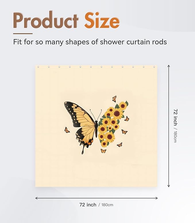 MAMUSE Shower Curtain for Bathroom - Cute Aesthetic Decorative Modern Girly Unique Girls Design Pretty Women Waterproof Fabric Cloth Cortinas de Baño Bathtub 72 x 72 Inch, Sunflower Butterfly