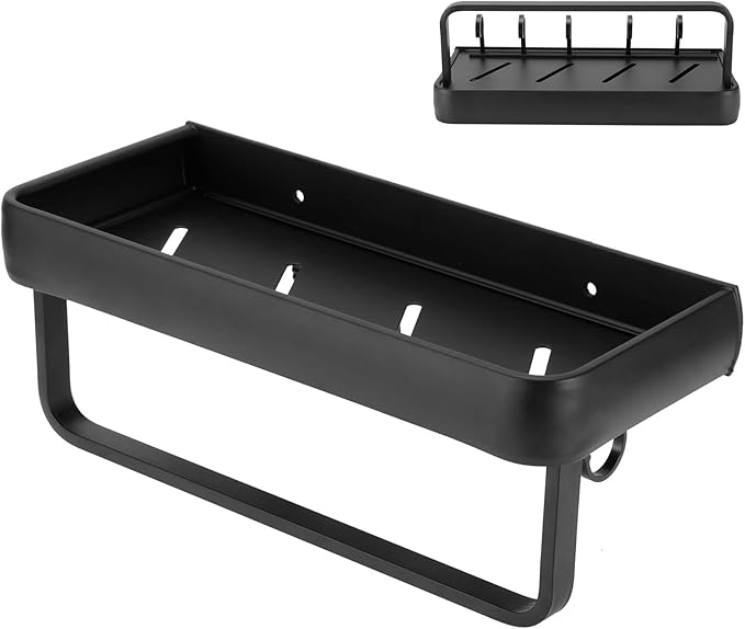 CDQL Bathroom Shelf, Space Aluminum, Wall Mounted, Hollow Storage Rack, Heavy Duty, Spacious Countertop Design Basket Organizer for Home (Single Layer with Rod with 5 Hooks)