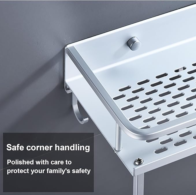Space Aluminum Bathroom Shelf, Wall Mounted Storage Rack, Wall Storage Rack, Skeletonized Design with Hooks and Crossbars, Suitable for Washroom, Kitchen, Student Dormitory(60 * 14 * 13cm)