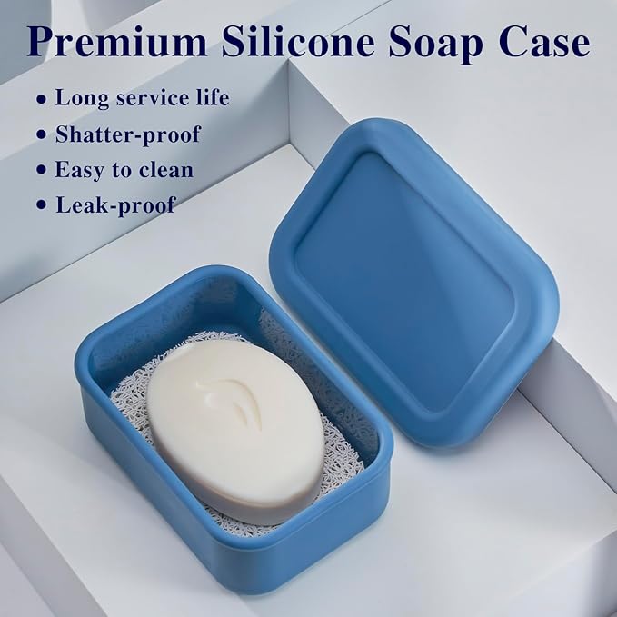 HighHerz Leak Proof Silicone Travel Soap Case with Draining Tray - Bar Soap Holder for Travel, Gym & Camping - Mess-Free Portable Soap Container for Carry-on Bags (Dark Blue)