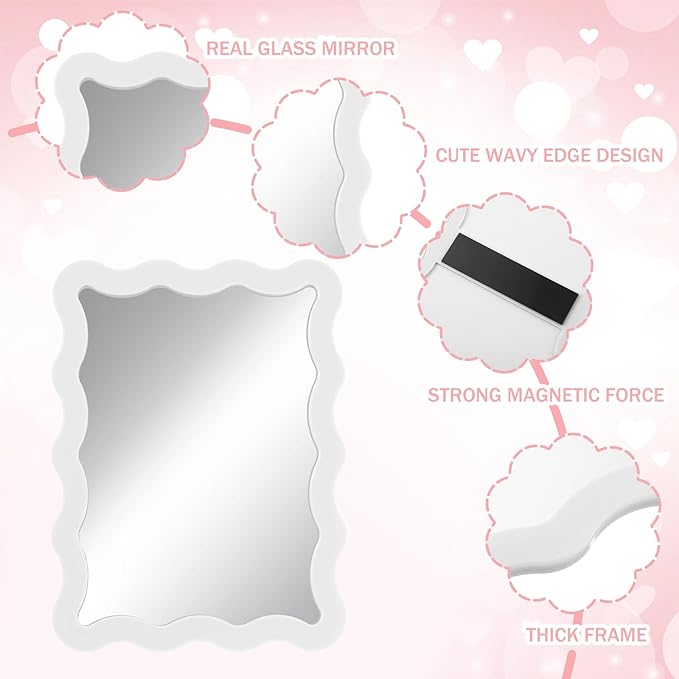 Leinuosen 1 Pcs Scalloped Magnetic Locker Mirror Small Real Glass Makeup Mirror with Magnetic Backing Cute Locker Decorations for Office Cabinet Lockers Accessories (5 x 7 Inch,White)