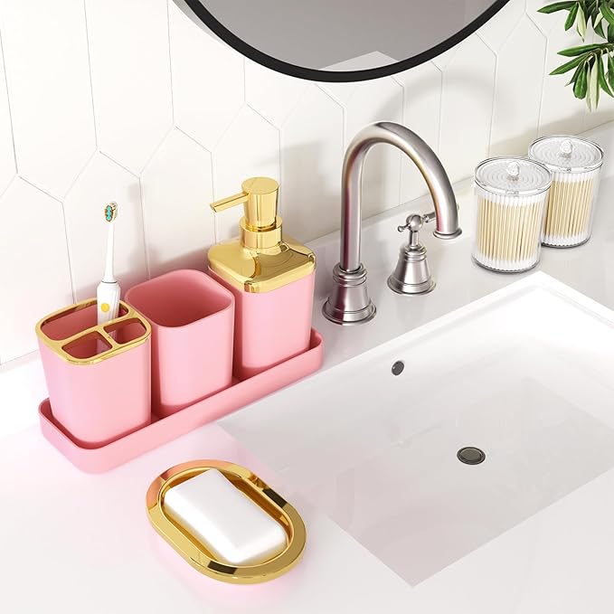 XLHOMO Bathroom Accessories Set - Luxury Pink Bathroom Set, 9 Pieces Bathroom Accessory Set, Pink Bathroom Accessories with Trash Can, Toilet Brush & Soap Dispenser