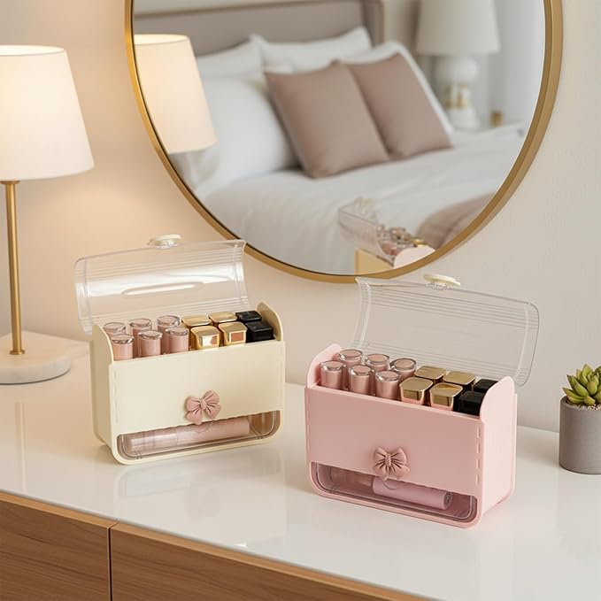 Clear Lid Lipstick Organizer with Bow Charm- Flip-Lid Compartment & Pull-Out Drawer Organizer for Makeup Accessories (Cream Yellow)