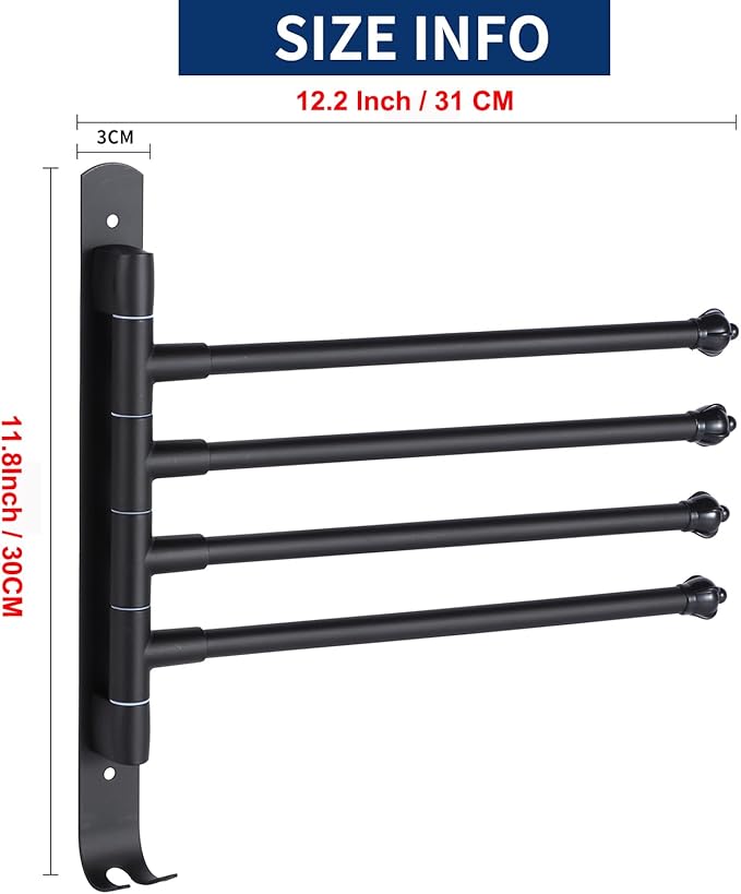 Swivel Towel Rack 4 Tier Face Towel Bar 12 Inch Bathroom Door Towel Rack Drying Rack for Towels Socks Wall Towel Racks (Stainless Steel, Black 4-Arm)