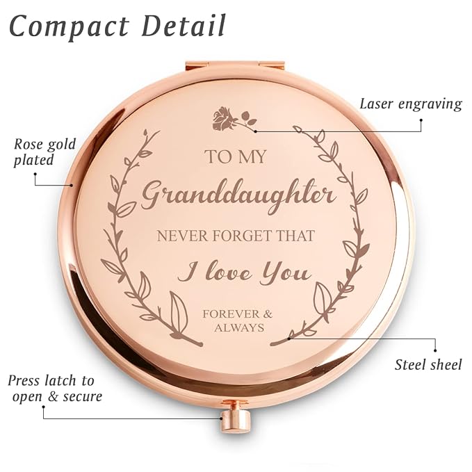 Personalized Gifts for Granddaughter, Custom Granddaughter Gifts for Birthday, Engraved Compact Mirror, Mothers Day Basket Stuffers
