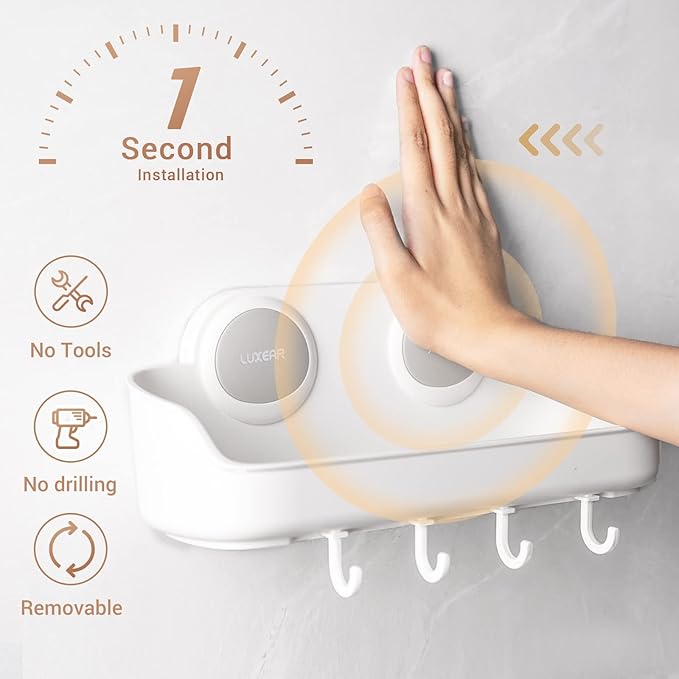 LUXEAR Shower Caddy Suction Cup NO-Drilling Removable Bathroom Shower Shelf Powerful Shower Organizer Basket Waterproof & Oilproof Wall Mounted Storage Rack for Bathroom&Kitchen