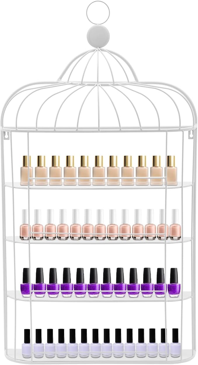 Nail Polish Organizer Wall Mounted, 4-Tier Nail Polish Storage Rack, Metal Nail Polish Storage Holder, Multifunctional Organizer for Essential Oil Perfume Lipsticks at Home Salon Spa(White)