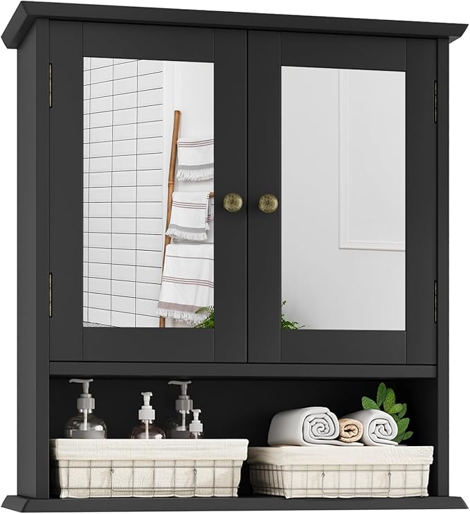 Bathroom Wall Cabinet, Black Bathroom Cabinet with 2 Mirror Doors and Adjustable Shelf, Wall-Mounted, Medicine Cabinet, 21.5" W x 7.8" D x 23.6" H