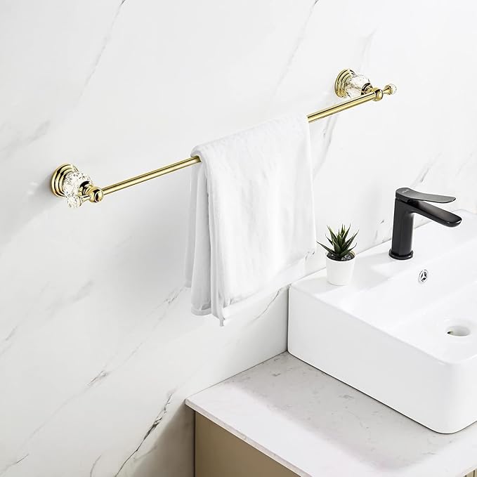Crystal Gold Towel Bar, Gold Adjustable Bathroom Towel Holder Bar, Golden Single Towel Rack Hanger Home Towel Holder Rod for Bathroom Wall Mounted Bathroom Accessory