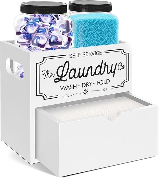Laundry Pods Container, 7.8 x 5.1 x 6.7 Inches Wooden Dryer Sheet Container, Rustic Containers Storage Box, 2-Tier Storage Box with Drawer for Dryer Sheets and Pods (White)