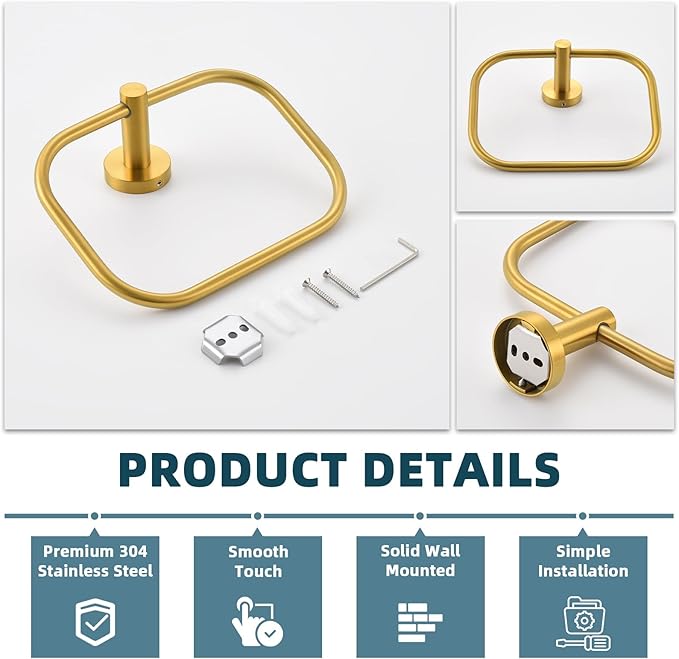 APLusee Square Towel Ring Brushed Gold, 304 Stainless Steel Hand Towel Holder for Bath Kitchen, Wall Mounted
