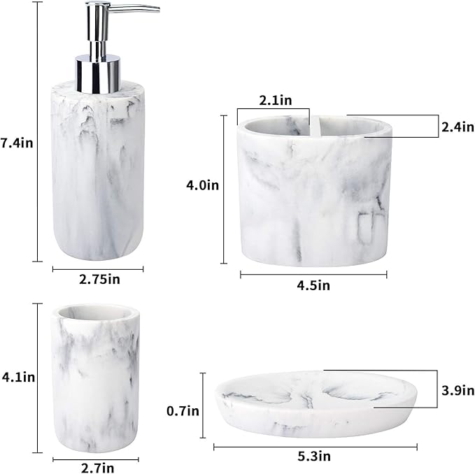 L'ARL GMVOI Bathroom Accessories Set,4 Pieces Marble Bathroom Vanity Countertop Accessory Set with Bathroom Toothbrush Holder Set,Soap Dispenser,Tumbler,Soap Dish for Bathroom Home Decor