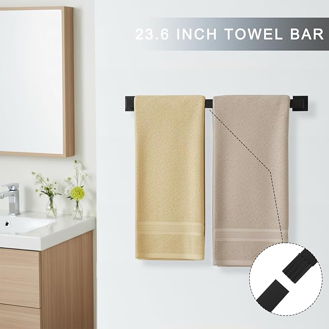24 Inch Bathroom Accessories Set, 10-Pieces Matte Black Bathroom Hardware Set, Stainless Steel Bath Towel Bar Set, Towel Rack Set Toilet Paper Holder with Shelf, Towel Hooks, Towel Rings Wall Mounted