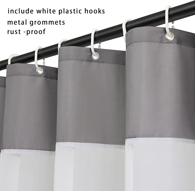 UFRIDAY 96 inch Long Shower Curtain,XLong Light Grey and White Fabric Shower Curtain for Bathroom with Mesh Window, Weighted Bottom Hem, Machine Washable, Extra Long, 72 x 96 Inches