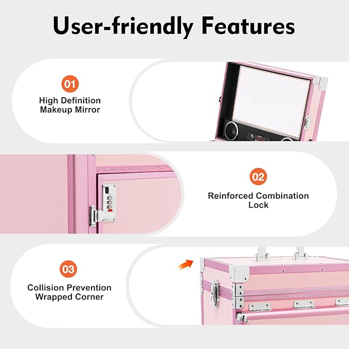 Portable Manicure Table Nail Foldable Nail Tables Travel Cosmetic Trolley Storage Organizer with 4 Drawers Mirror & Speaker Pink Artist Travel Organizer