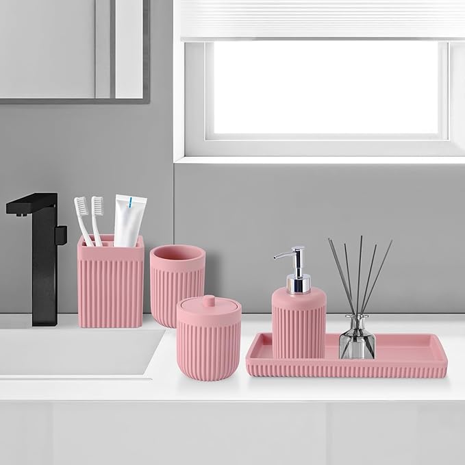 XLHOMO Resin Pink Bathroom Accessories Set 5 Pcs, Lotion Soap Dispenser, Toothbrush Holder, Bathroom Tumbler, Qtip Holder and Vanity Tray, Bathroom Countertop Organizer Set for Modern Home Apartment
