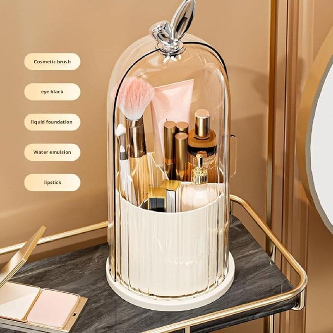 Makeup Brush Holder Organizer with 360?? Rotating Lid,Concealed Toothbrush Holder,3 Slots Bathroom Organizer Countertop for Vanity Desktop, Clear Cover Easy Visibility