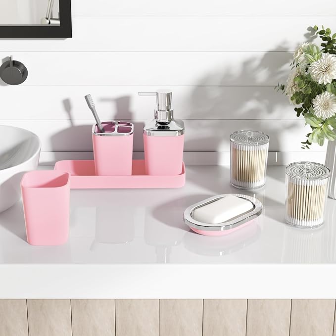 XLHOMO Pink Bathroom Accessory Set, Plastic Bathroom Set with Tray, Soap Dispenser, Toothbrush Holder, Toothbrush Cup, Soap Dish, Toilet Brush, Trash Can and Q-tip Holders for Bathroom/Housewarming