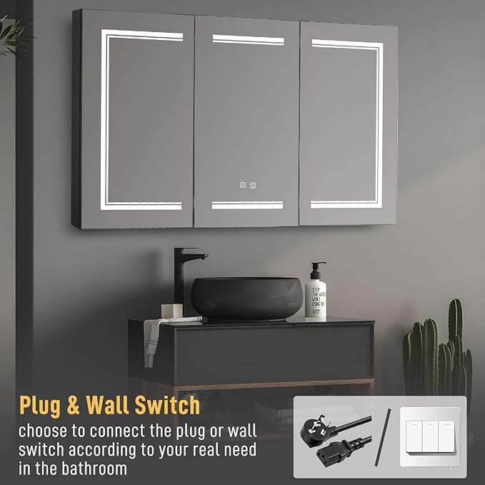 Karl home Black 3-Doors 48"x28" LED Medicine Cabinet for Bathroom, 3-Color Wall Mounted Dimmable Bathroom Cabinet with 3-Tiers Storage Shelves, Anti-Fog, USB Charge