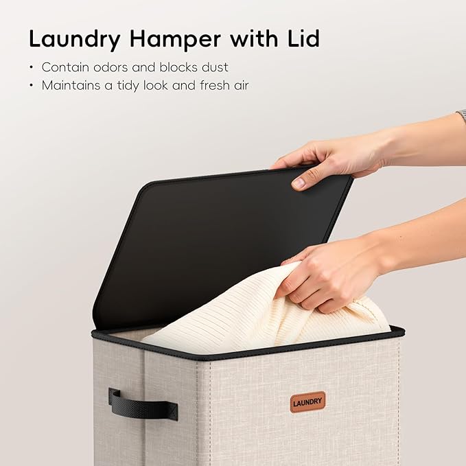 100L Laundry Hamper with Lid, Large Clothes Hampers with Removable Bag, Collapsible Laundry Basket for Bathroom, Bedroom, Laundry Room, Dorm, Beige
