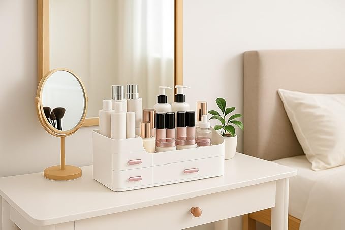 Makeup Organizer Countertop for Vanity with Drawers – Large White Makeup & Skin Care Organizer for Cosmetics & Accessories