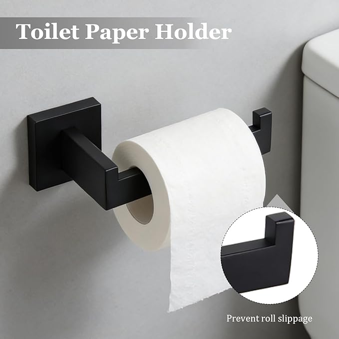 5-Pieces Wall Mount Bathroom Accessories Bathroom Hardware Set,23.6 Inch Stainless Steel Waterproof Towel Bars,Toilet Paper Holder with Shelf,Towel Ring,Coat Hook,Matte Black 5PC - Rectangle