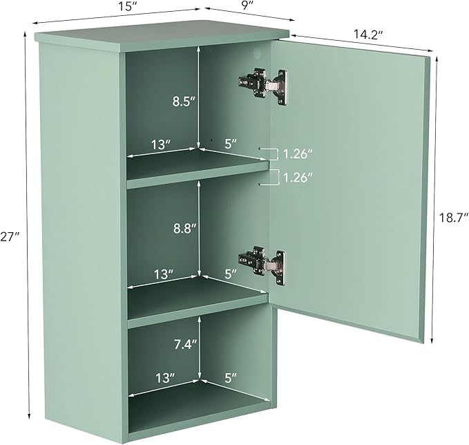 VANIRROR Bathroom Wall Cabinet with Single Door, Soft-Close Hinges, 15x27 inch Wooden Medicine Cabinet for Small Kitchen, Laundry, Entryway, Durable MDF Construction