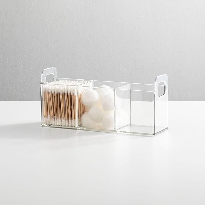 mDesign Plastic 3-Compartment Bathroom Organizer Storage Bin - Divided Makeup Caddy and Hair/Beauty Product Holder Tray - Perfect for Vanity, Counter, and Cabinet - Lumiere Collection, 2 Pack, Clear