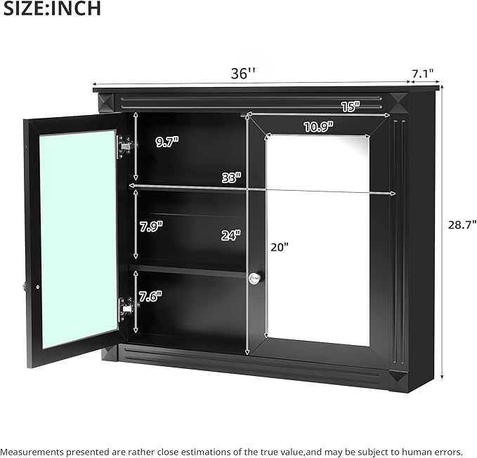 Merax Bathroom Medicine Cabinet with Mirror Door & Adjustable Shelves, 36" x 28" Wall Mounted Bathroom Storage Cabinet with Mirror, Over The Toilet