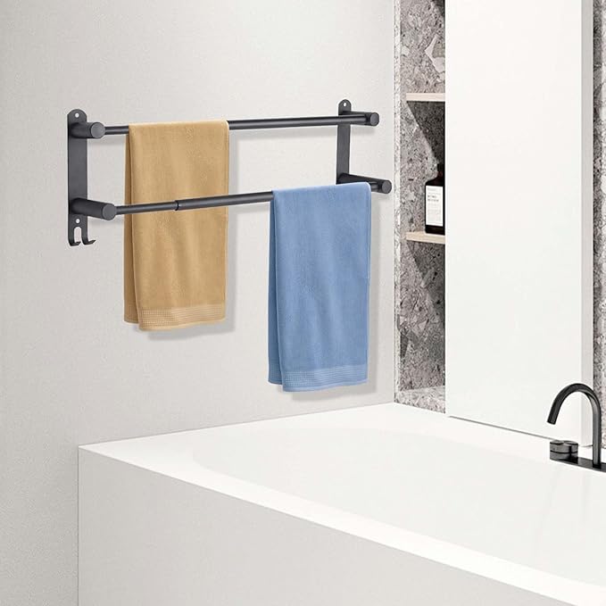 Double Towel Bar???adjustable16-28IN Matte Black Towel Racks for Bathroom, Stainless Steel Towel Holder,Suitable for Bathrooms and Kitchens