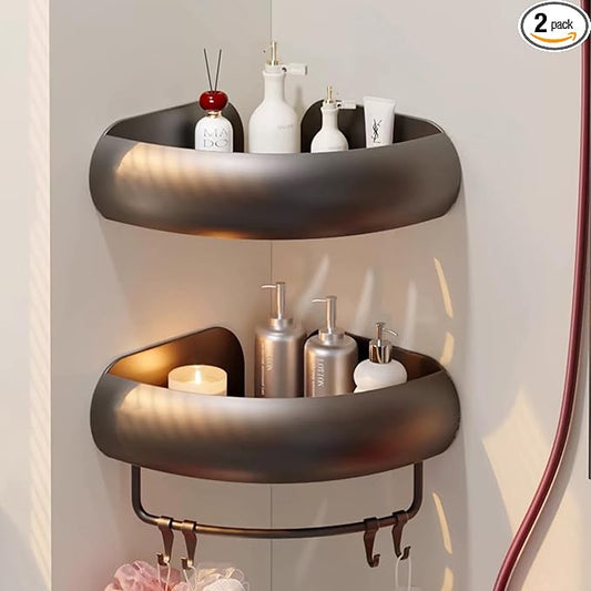VOLPONE Corner Shower Caddy with Razor Holder Adhesive Shower Shelf Corner No Drilling (adhesive mounting, no suction cup) Bathroom Shower Organizer Storage Rack (2-Pack, Black)