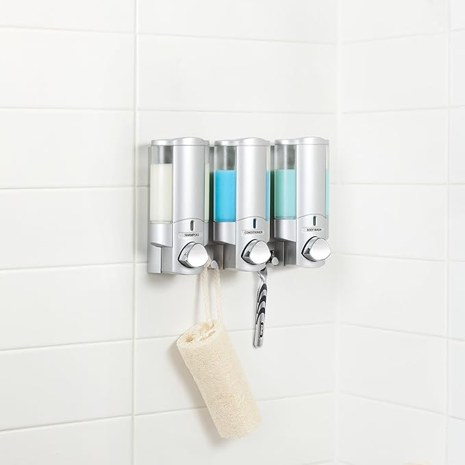 Better Living Aviva Shower Dispenser 3 Chamber, Wall Mount Shower Soap Dispenser for Bathroom Hotel Body Wash, Built-in Hooks, No Drill, Waterproof Shampoo Soap Dispenser, 3 x 11 oz, Satin Silver