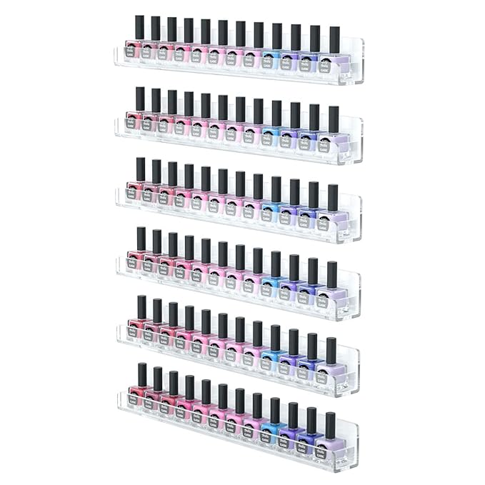 FEMELI Nail Polish Wall Rack: 6 Shelves 15 Inch Clear Acrylic Nail Polish Organizer for 66-90 Bottles Multi-Purpose Acrylic Floating Shelves (15 Inch, Clear) | 66-90 Bottles, Multi-Purpose