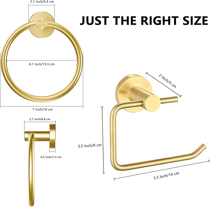 Towel Ring and Toilet Paper Holder Set, Stainless Steel Bath Towel Hanger and Tissue Roll Holders, Bathroom Hardware Accessories Wall Mounted 2 Pieces (Gold)