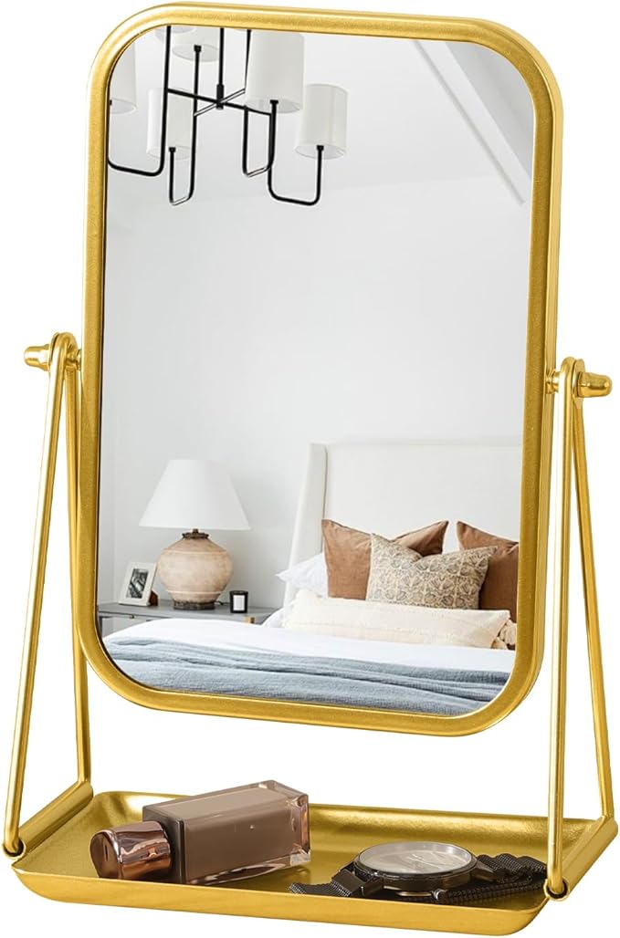 Gold Desk Mirror Rectangular Tabletop Vanity Makeup Mirrors with Metal Stand and Storage 360°Rotation Adjust Table Mirror Portable Cosmetic Mirrors for Dressing Bathroom Bedroom