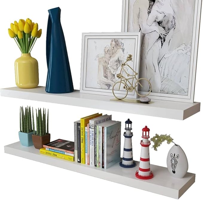 Set of 4 Floating Wall Shelves, 39.4 Inch Modern MDF Storage Racks for Living Room Bedroom, White Matte Finish Decorative Display Shelf Units
