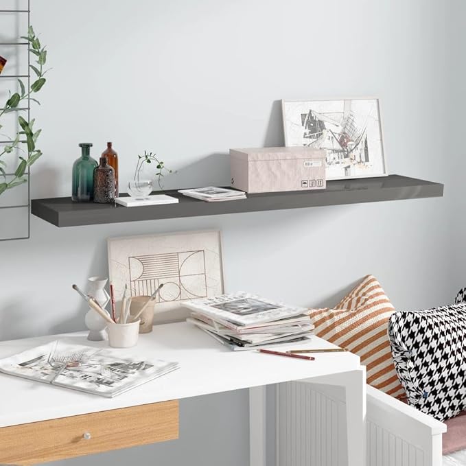 Floating Wall Shelf High Gloss Gray 47.2 Inch Modern Display Rack for Living Room Decor, Invisible Mounting System, Heavy Duty 22lb Capacity MDF Board for Books Awards Collectibles Home Organization