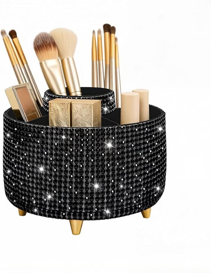 Bling Makeup Brush Holder,360° Rotating Makeup Brush Organizer,5 Slot Make up Brushes Cup for Cosmetics,Large Capacity,For Nail Polish, Art Supply, Bathroom Vanity,Cosmetics Organizer,Diamond Black