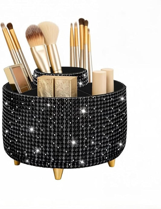 Bling Makeup Brush Holder,360° Rotating Makeup Brush Organizer,5 Slot Make up Brushes Cup for Cosmetics,Large Capacity,For Nail Polish, Art Supply, Bathroom Vanity,Cosmetics Organizer,Diamond Black