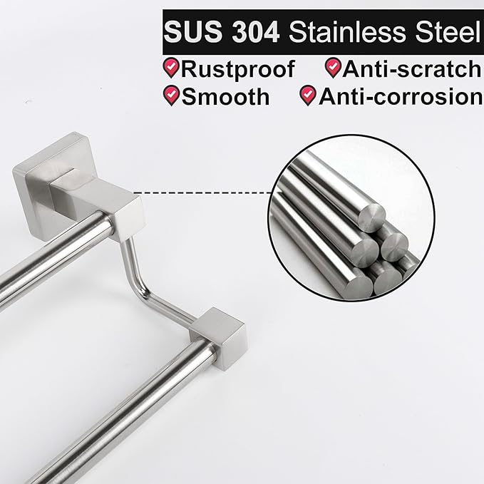 TocTen Double Bath Towel Bar - Thicken SUS304 Stainless Steel Towel Rack for Bathroom, Bathroom Accessories Double Towel Rod Heavy Duty Wall Mounted Square Towel Holder(Brushed Nickel, 30 INCH)