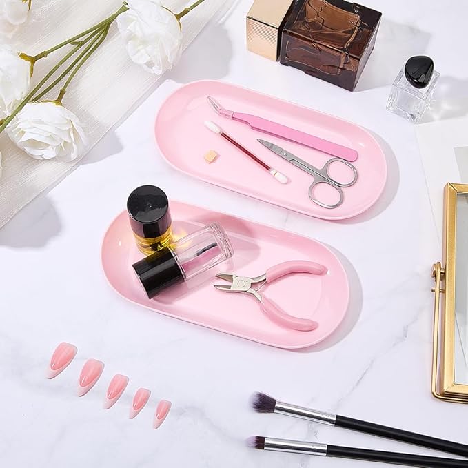 CRASPIRE 2Pcs Pink Nail Trays Manicure Storage Tray 7" x 3.3" Plastic Nails Art Tools Organizer Display Jewelry Rhinestone Small Plate Dishes for Manicures Decoration Makeup Cosmetics Accessories