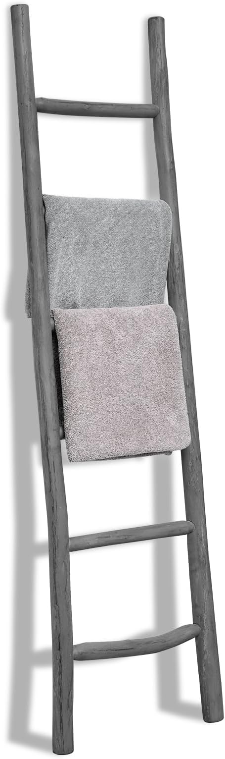 FUIN Fully Assembled 6ft Wood Blanket Ladder Living Room Decorative Wall Leaning Farmhouse Quilt Display Holder Rustic Wooden Towel Rack for Bathroom, Gray