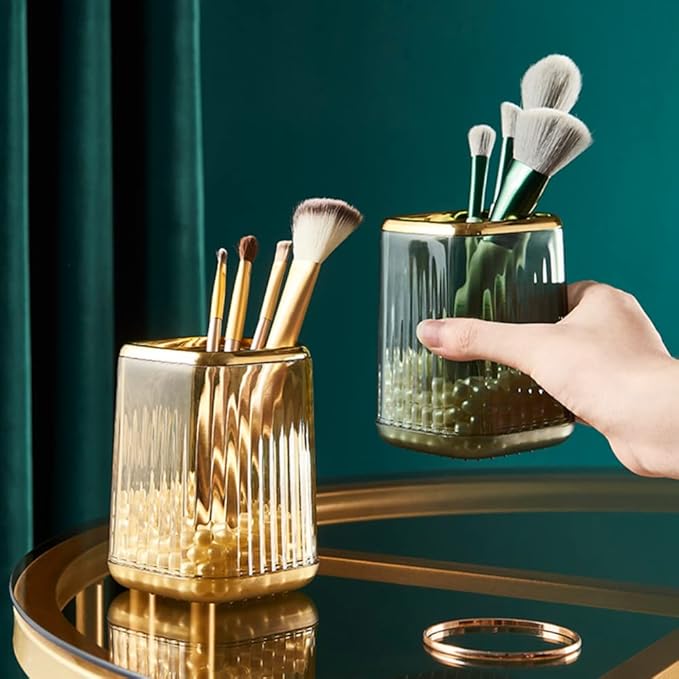 Lebenrich Makeup Brush Holder Organizer for Vanity, Acrylic Gold Make Up Brushes Holders Container Storage Cup with Striped Design for Bathroom Countertop, Pen Pencil Holder Cosmetic Cup for Desk